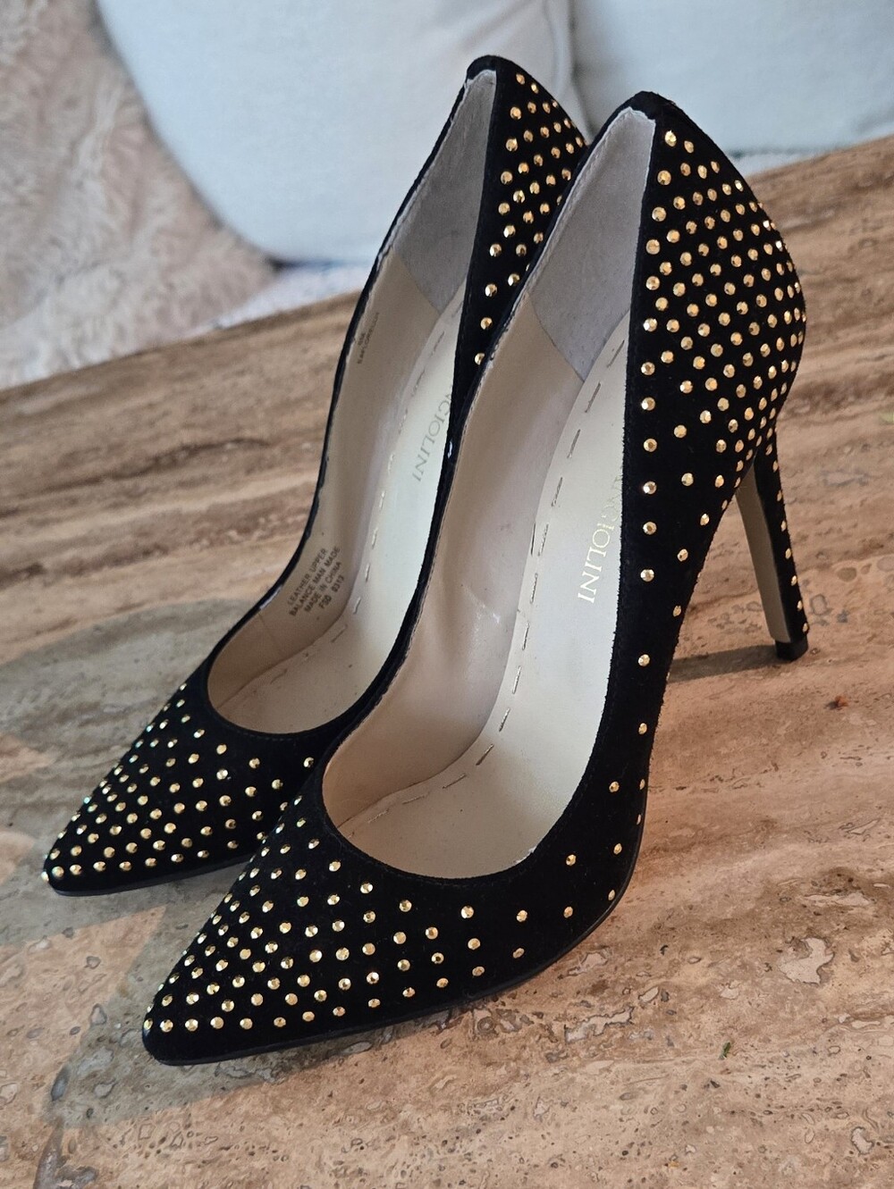 Enzo Angioloni Black Suede Pointed Toe Studded High Heels